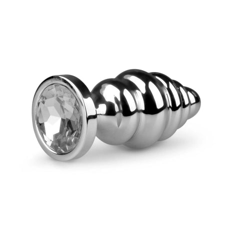 Ribbed Metal Butt Plug with Jewel Base 3 Inch